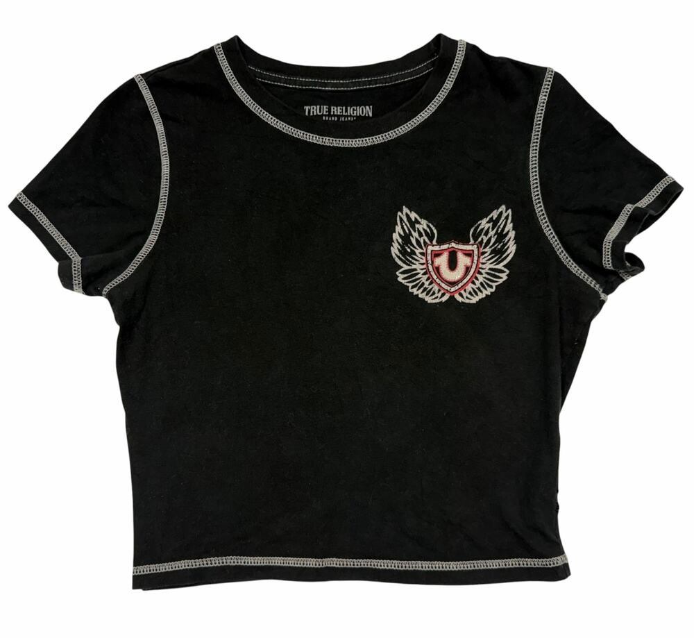 True Religion Womens XS Black Baby Tee Y2K Rhinestone Winged Logo Graphic Shir